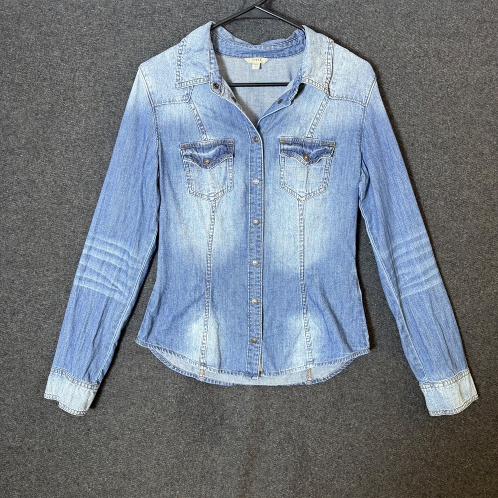 Guess Women's‎ M Blue Denim shirt Button Down long sleeve Western Y2K cowgirl